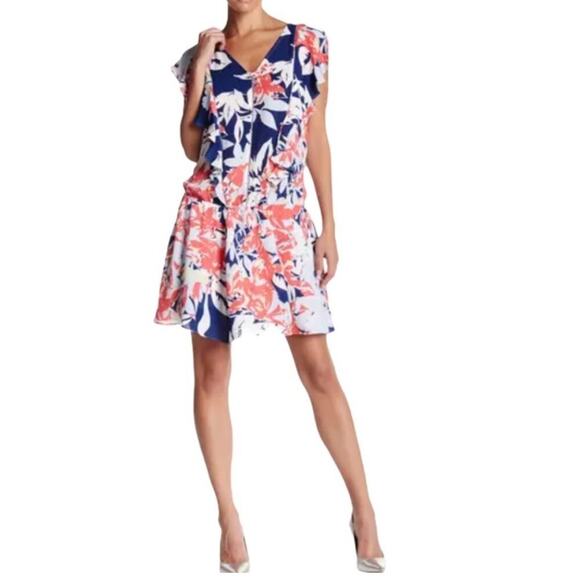 Parker Gardenia Lana Multicolor Leaf Floral Print Flutter Short‎ Sleeve Dress M - Picture 1 of 12